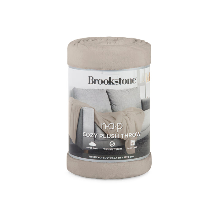 Brookstone cozy plush throw blanket packaging on a white background