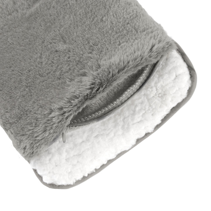 Gray fuzzy hand warmer with a zipper on a white background