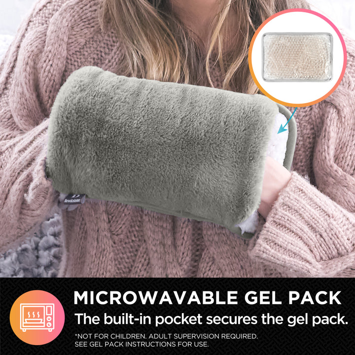 Person holding a green microwavable gel pack with an inset showing the gel pack and text about its use.