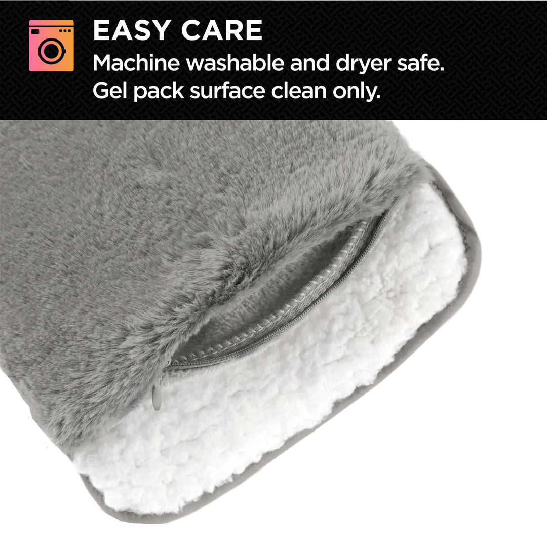 Gray and white gel pack with washing instructions on a black background