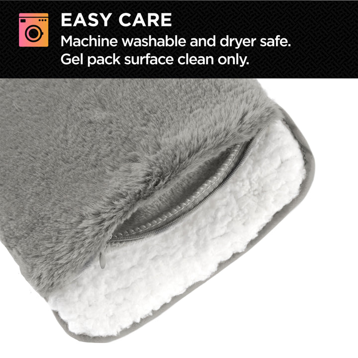 Gray and white gel pack with washing instructions on a black background