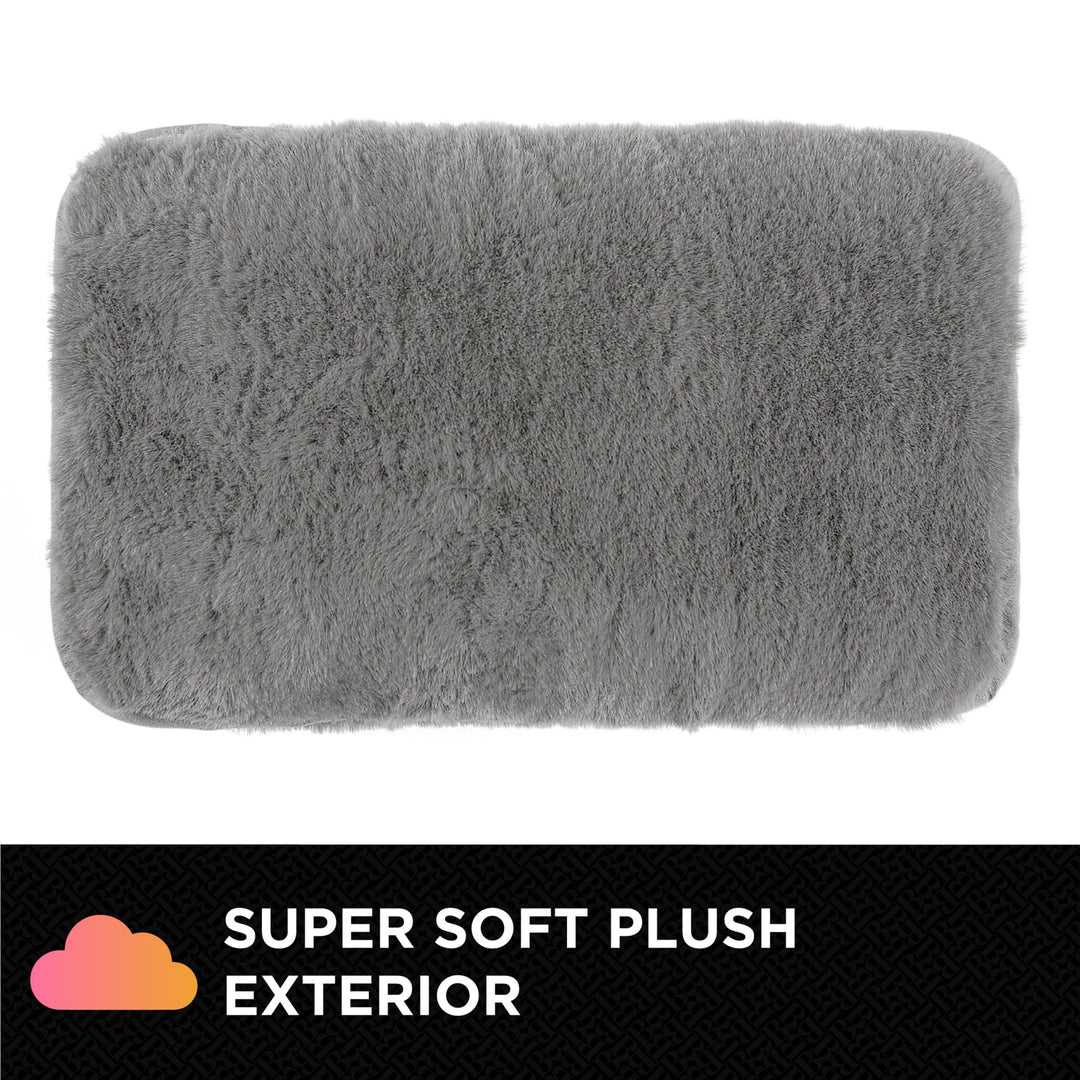 Gray plush rectangular hand warmer with 'Super Soft Plush Exterior' text and cloud icons on a white background