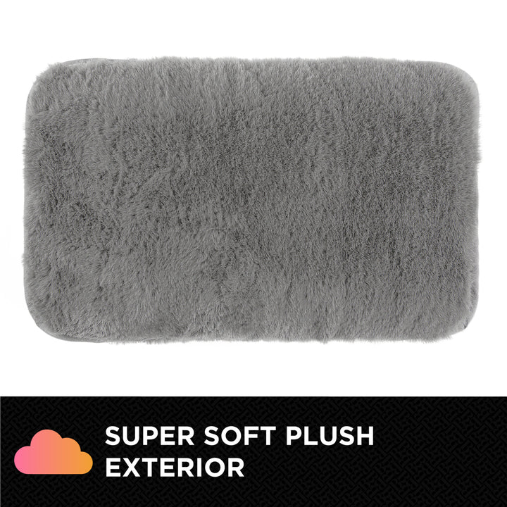 Gray plush rectangular hand warmer with 'Super Soft Plush Exterior' text and cloud icons on a white background