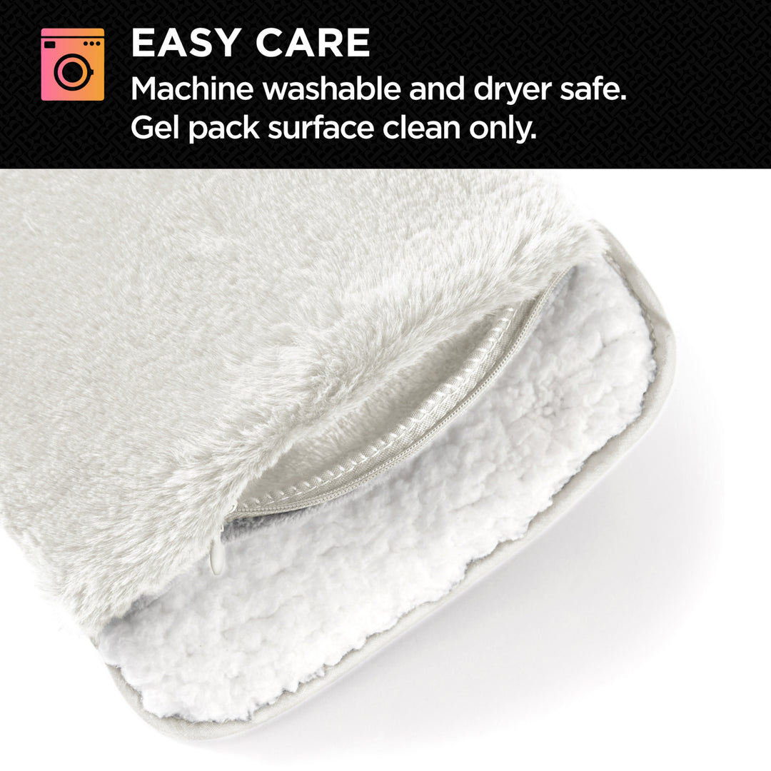 White hand warmer with text about easy care instructions on a black background