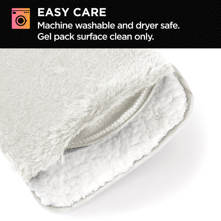 White hand warmer with text about easy care instructions on a black background