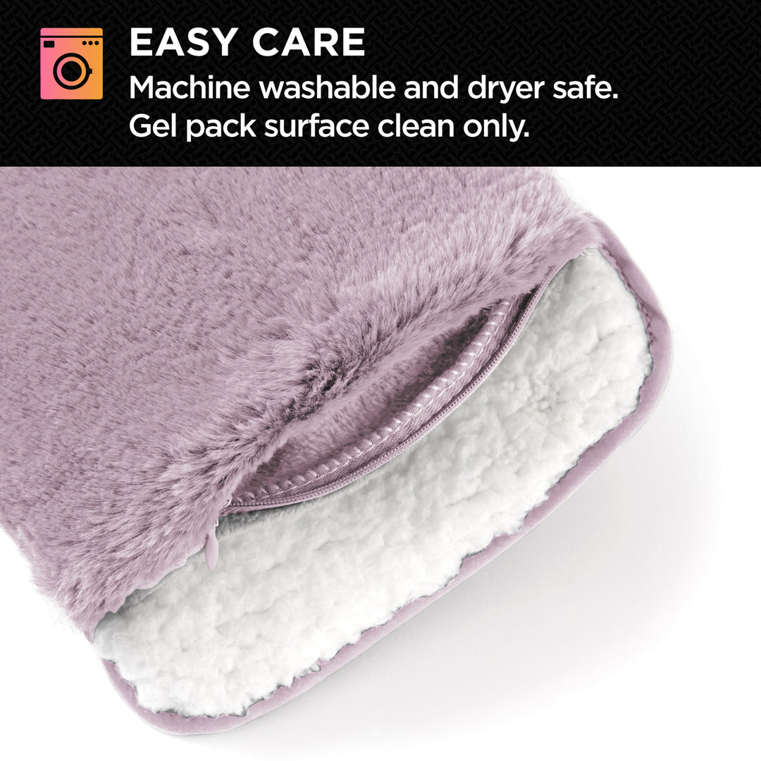 Purple and white gel pack with care instructions on a black background