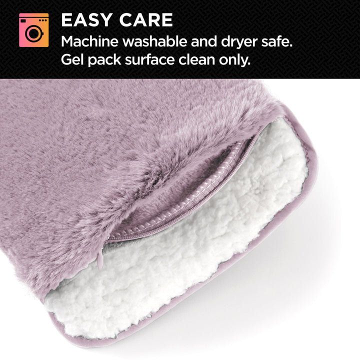 Purple and white gel pack with care instructions on a black background