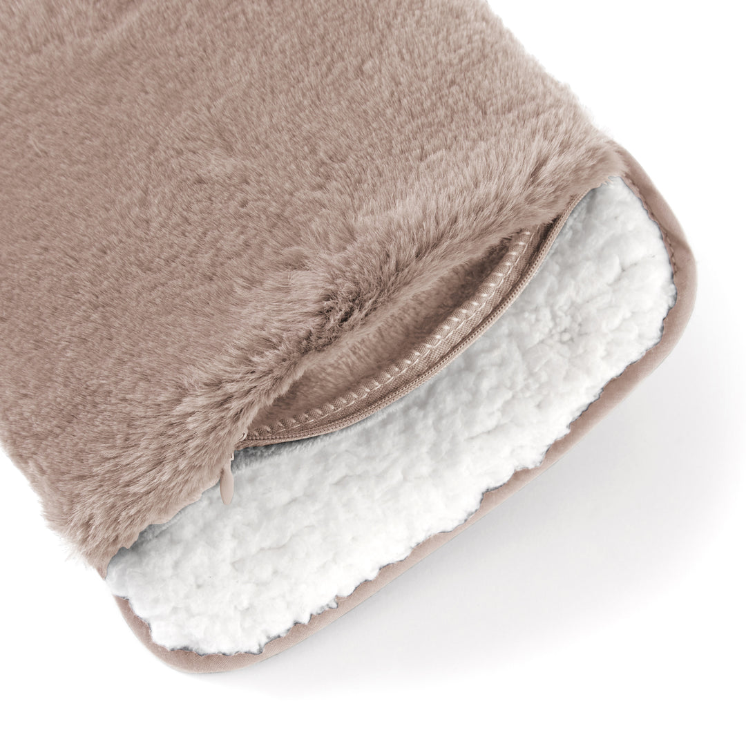 Brown fuzzy hand warmer with white fleece lining on a white background