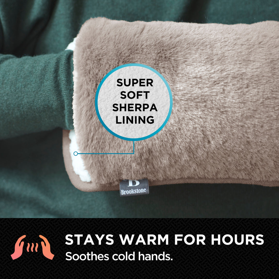 Hand holding a Brookstone product with Sherpa lining and text indicating warmth and comfort.