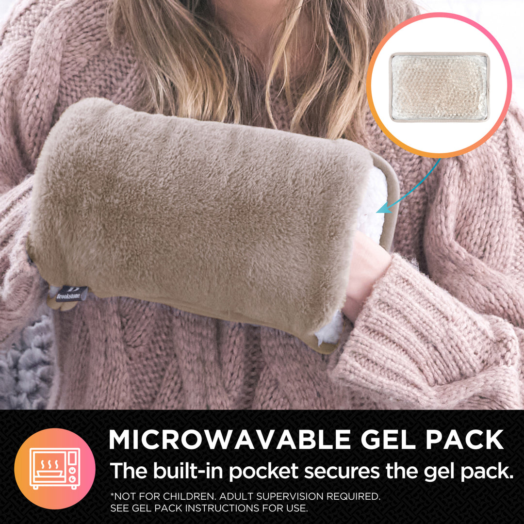 Person holding a microwavable gel pack with a close-up inset of the gel pack.