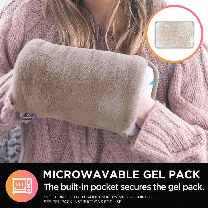 Person holding a microwavable gel pack with a close-up inset of the gel pack.