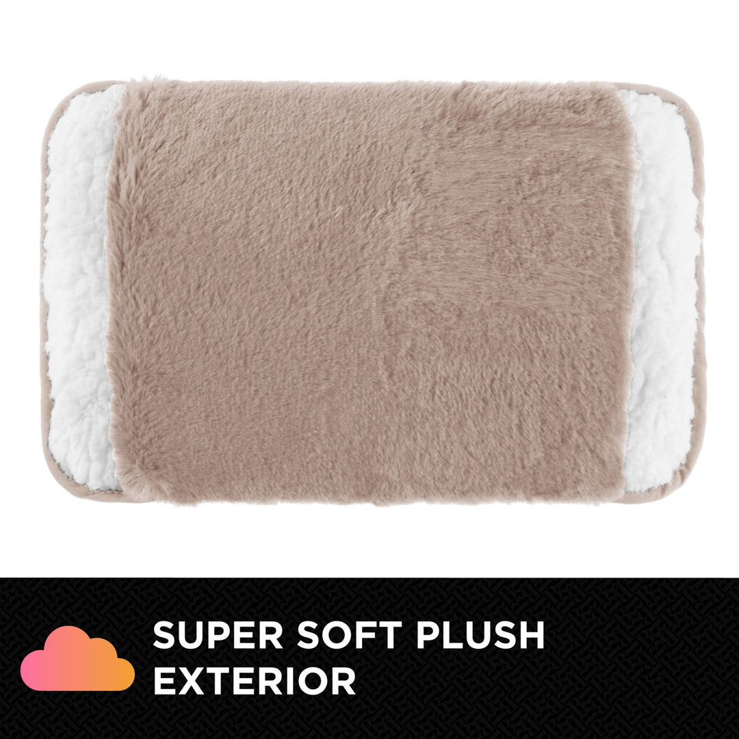 Super soft plush hand warmer with a contrasting border on a white background