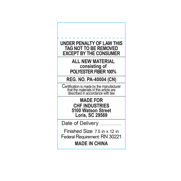 Product label with text about material composition, certification, and manufacturing details on a white background.