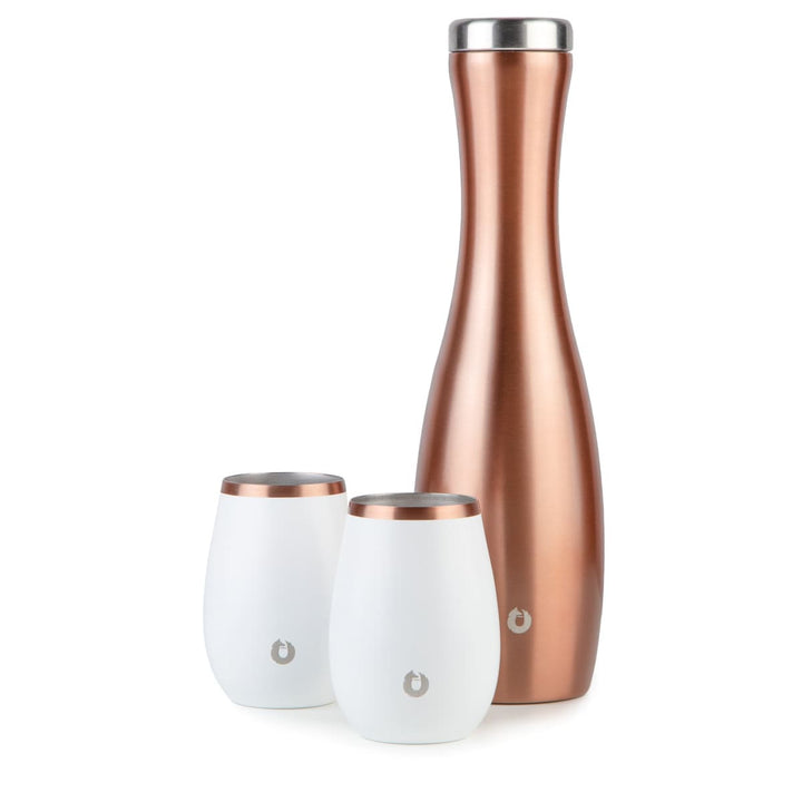 Stainless Steel Carafe and Wine Glass Set, Gold and White