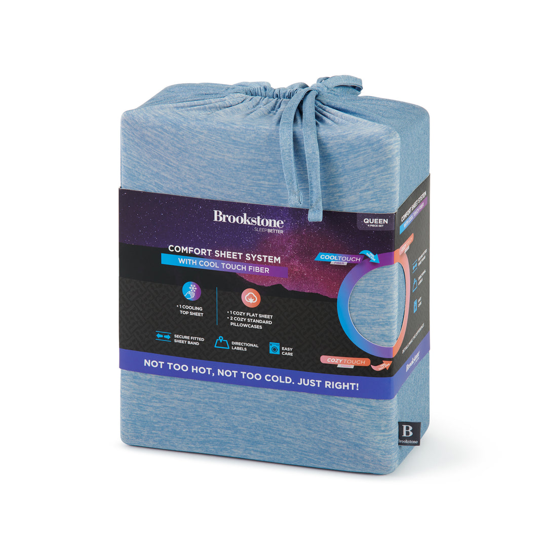 Packaged Brookstone comfort sheet system on a white background