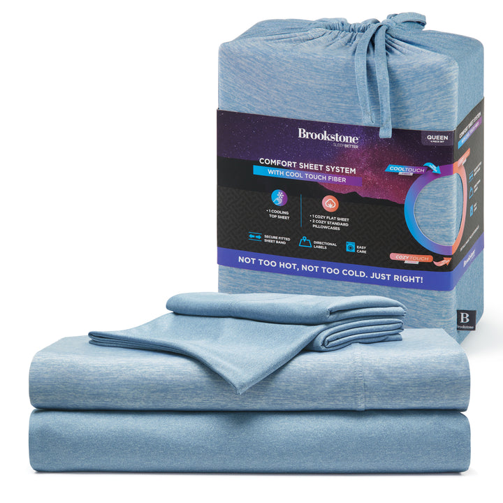 Blue comfort sheet system with packaging on a white background