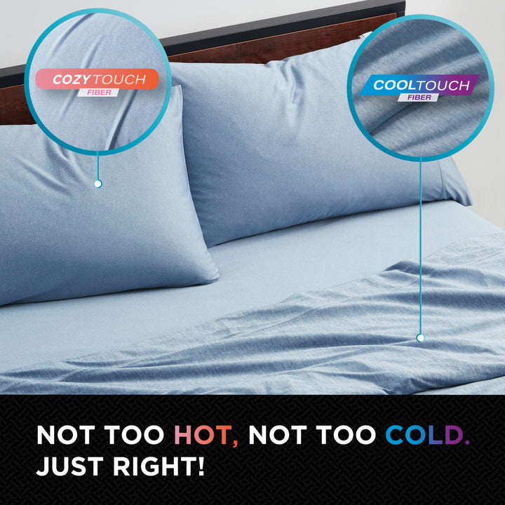 Blue bedding set with 'Cozy Touch' and 'Cool Touch' fibers labeled, on a bed.