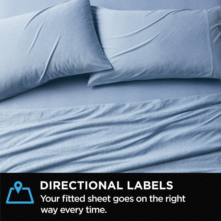 Blue fitted sheet with pillows on a bed, featuring directional labels.