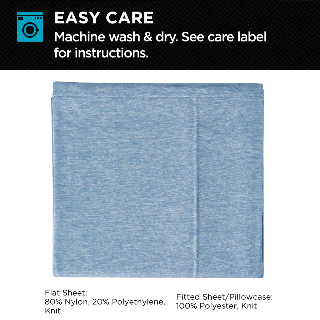 Blue fabric with care instructions on a white background