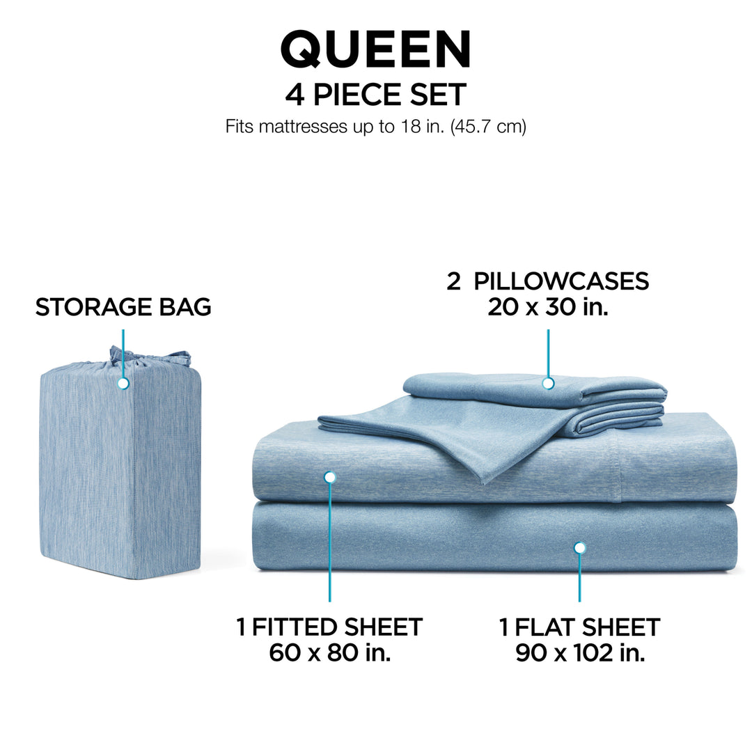 4-piece bedding set with storage bag labeled for queen size on a white background