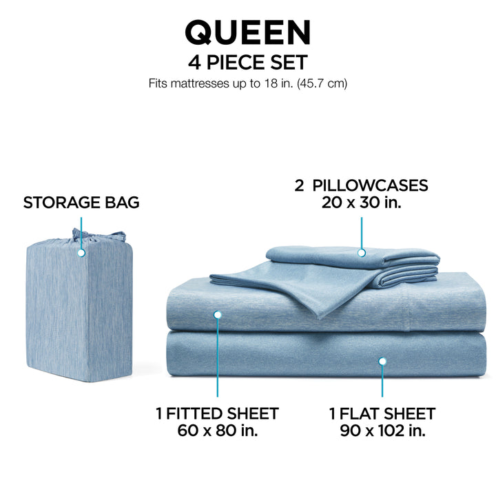 4-piece bedding set with storage bag labeled for queen size on a white background