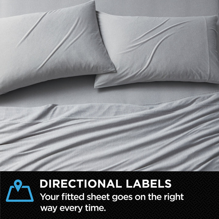 Gray fitted sheet and pillowcases on a bed with directional label text.