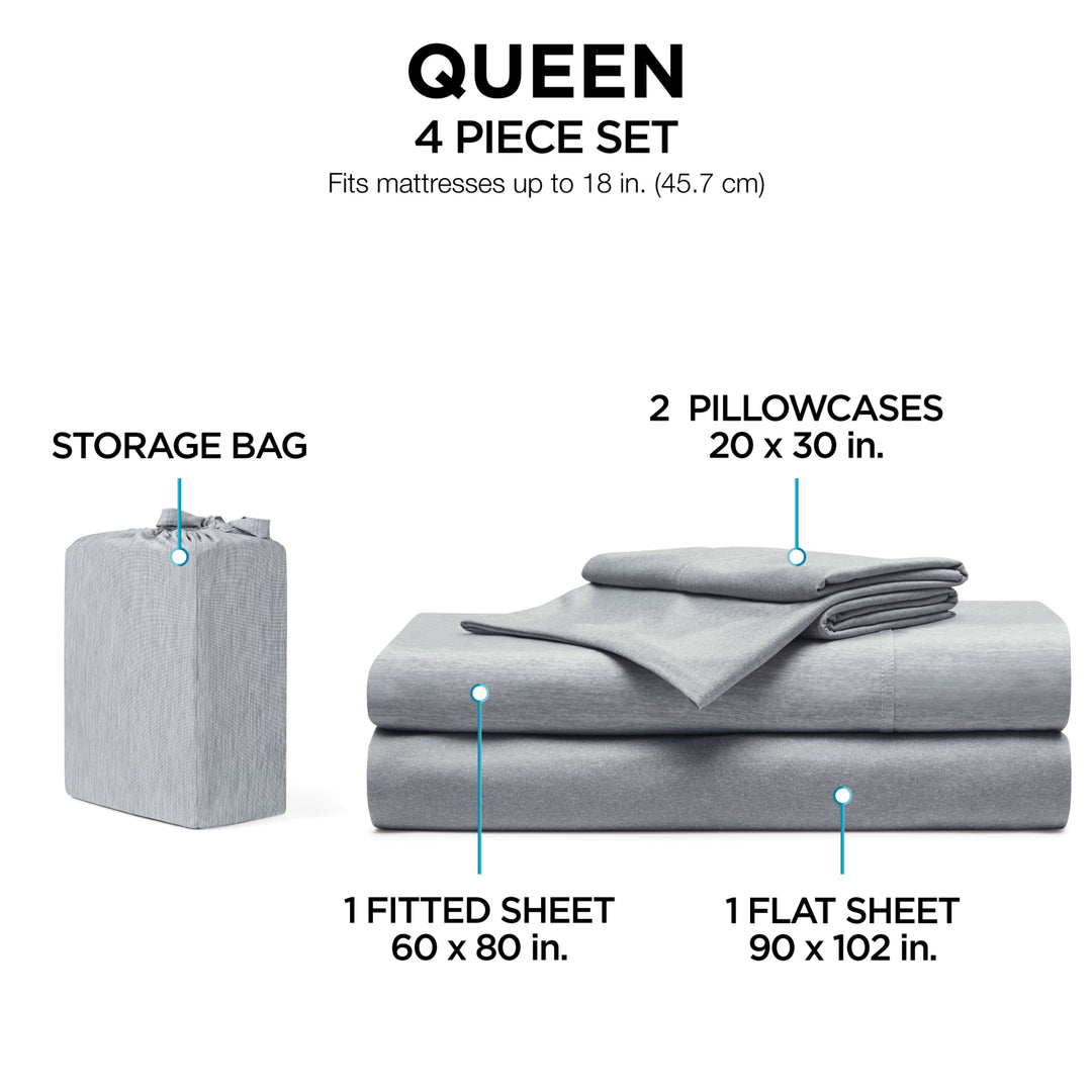 Gray bedding set with storage bag labeled as a queen 4-piece set on a white background.
