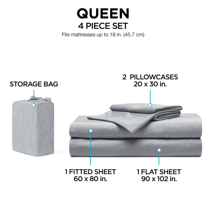 Gray bedding set with storage bag labeled as a queen 4-piece set on a white background.