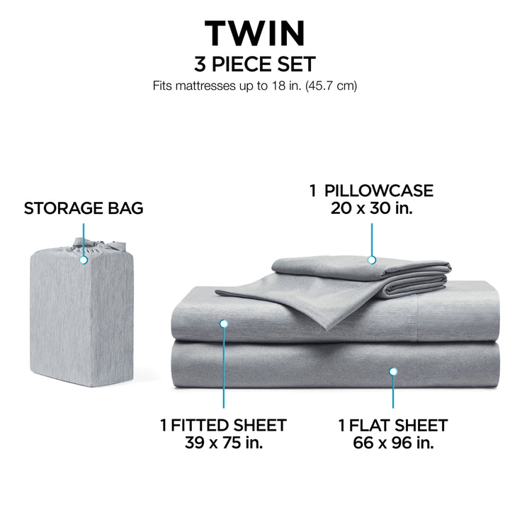Twin 3-piece bedding set with storage bag on a white background