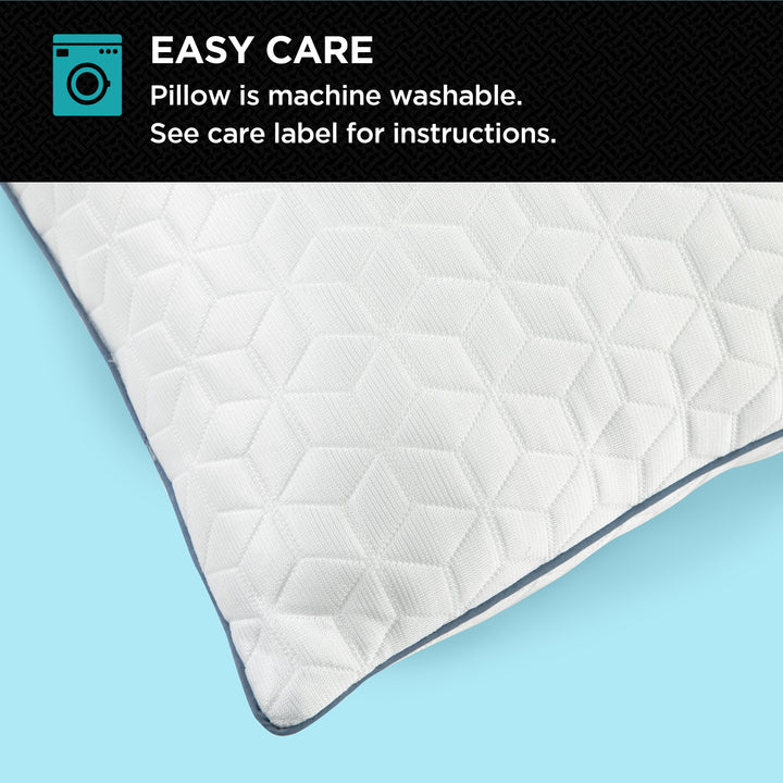 Close-up of Brookstone CoolSense pillow with Easy Care label