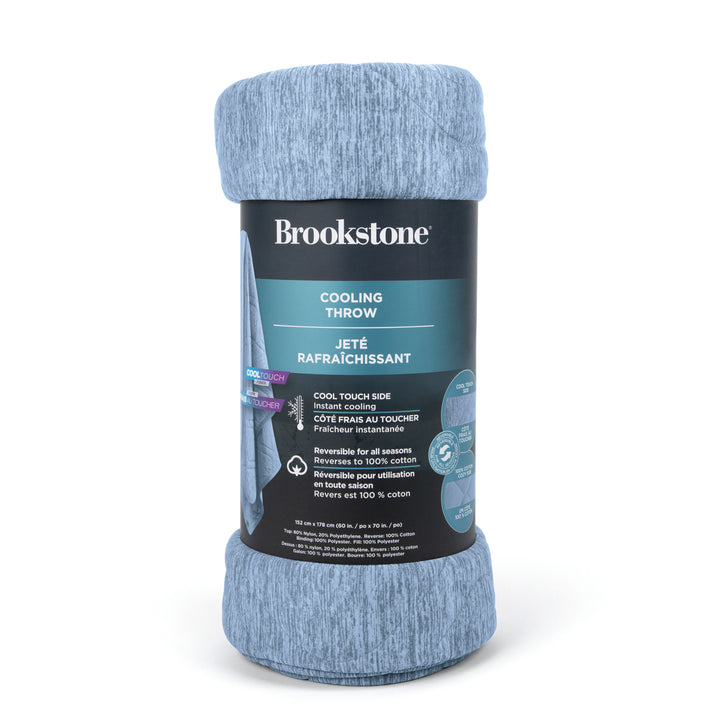 Blue cooling throw blanket with Brookstone label on a white background