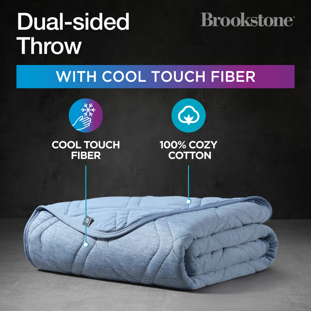 Folded blue dual-sided throw blanket with cool touch fiber and cozy cotton features, branded as Brookstone.