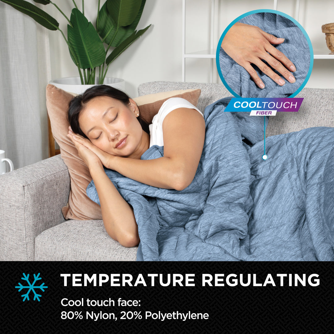 Woman sleeping on a couch with a blue comforter, highlighting 'CoolTouch' fiber.