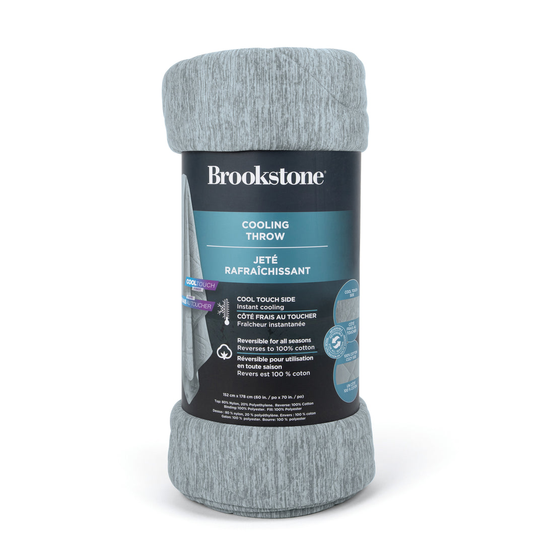 Gray cooling throw blanket with Brookstone branding on a white background