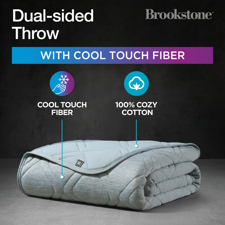 Folded gray throw blanket with text about cool touch fiber and 100% cozy cotton, branded as Brookstone.