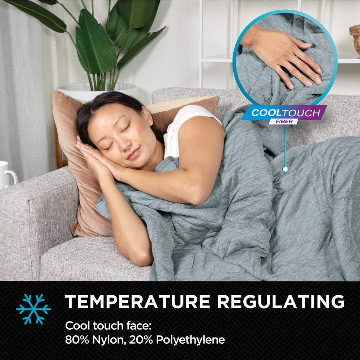 Woman sleeping on a couch with a gray blanket, highlighting 'CoolTouch' fiber.