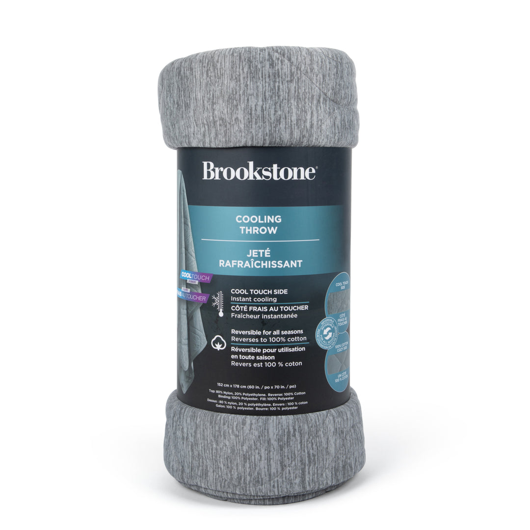 Gray cooling throw blanket with Brookstone label on a white background