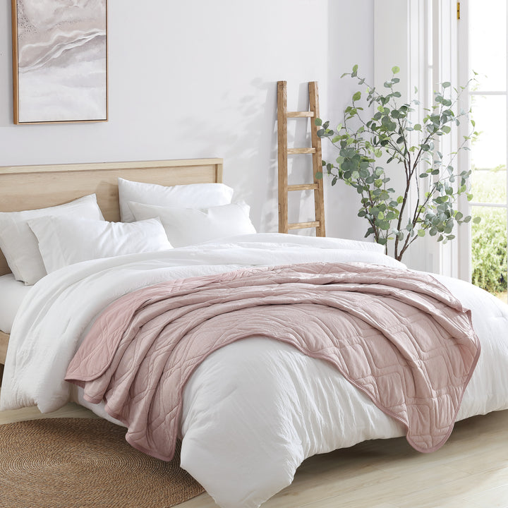 Bedroom with a bed featuring white bedding and a pink blanket, wooden ladder, and plant.