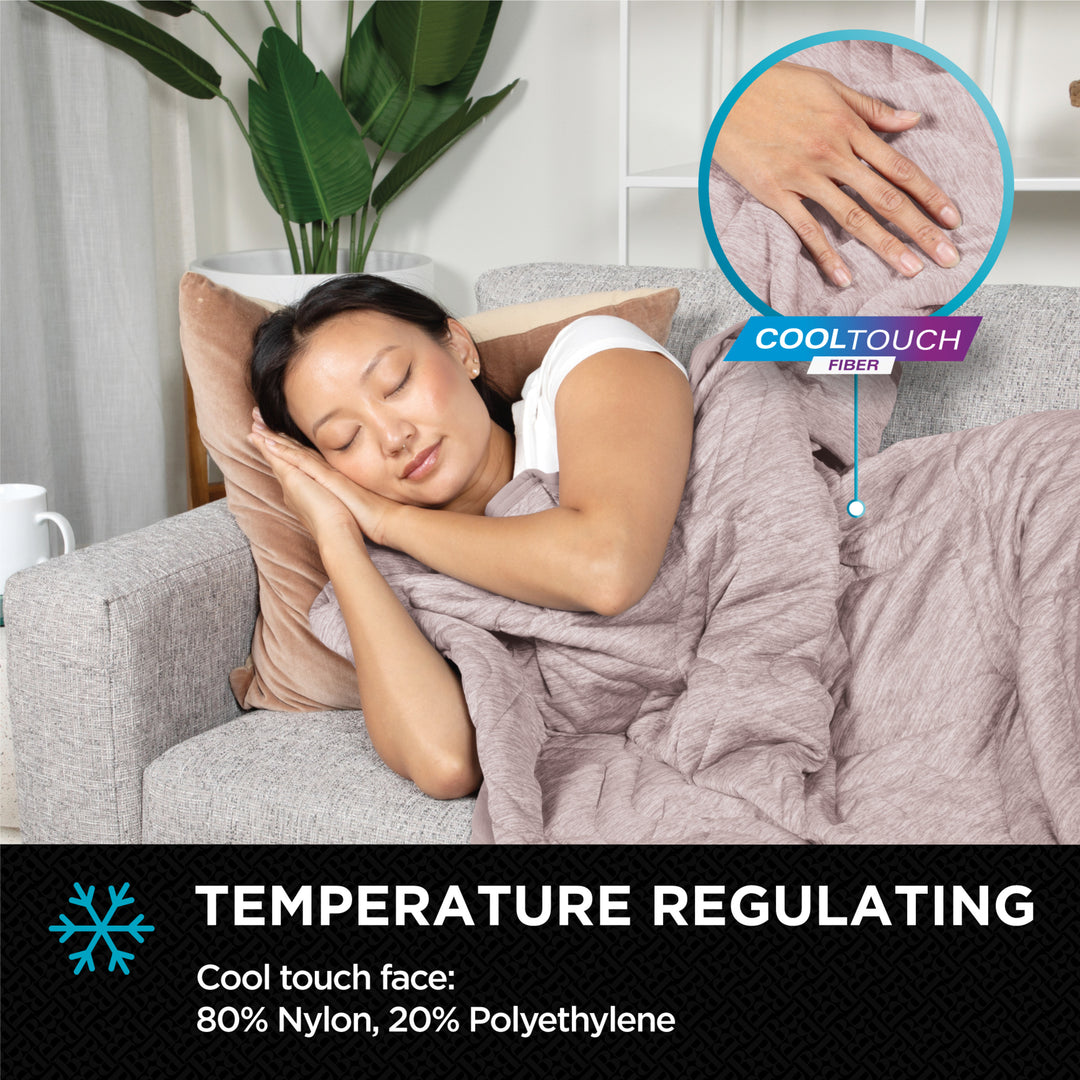 Woman sleeping on a couch with a blanket, surrounded by plants, with text about cool touch fiber and temperature regulating properties.