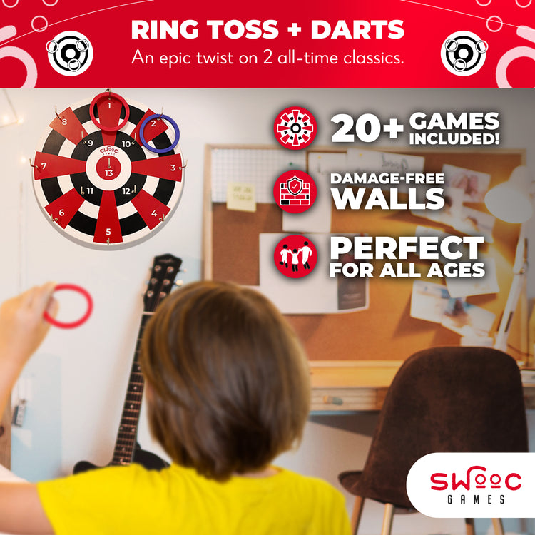 Hook Darts Ring Toss Game ‒ Wood Board and Soft Rings