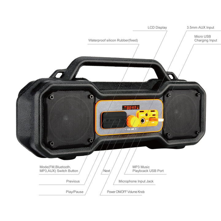 Waterproof Jobsite Bluetooth Portable Boombox Radio