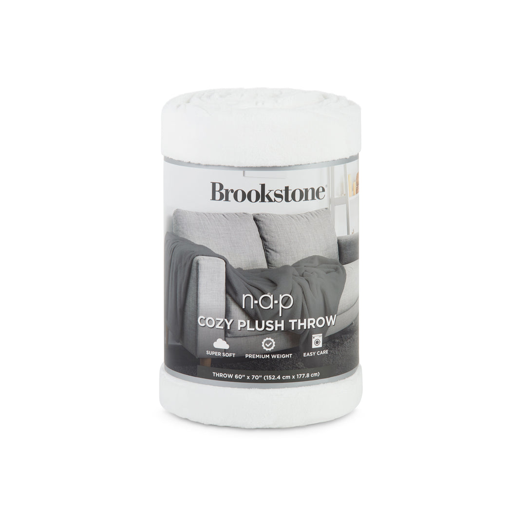 Brookstone cozy plush throw packaging on a white background