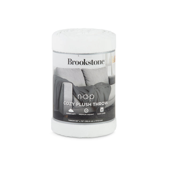 Brookstone cozy plush throw packaging on a white background