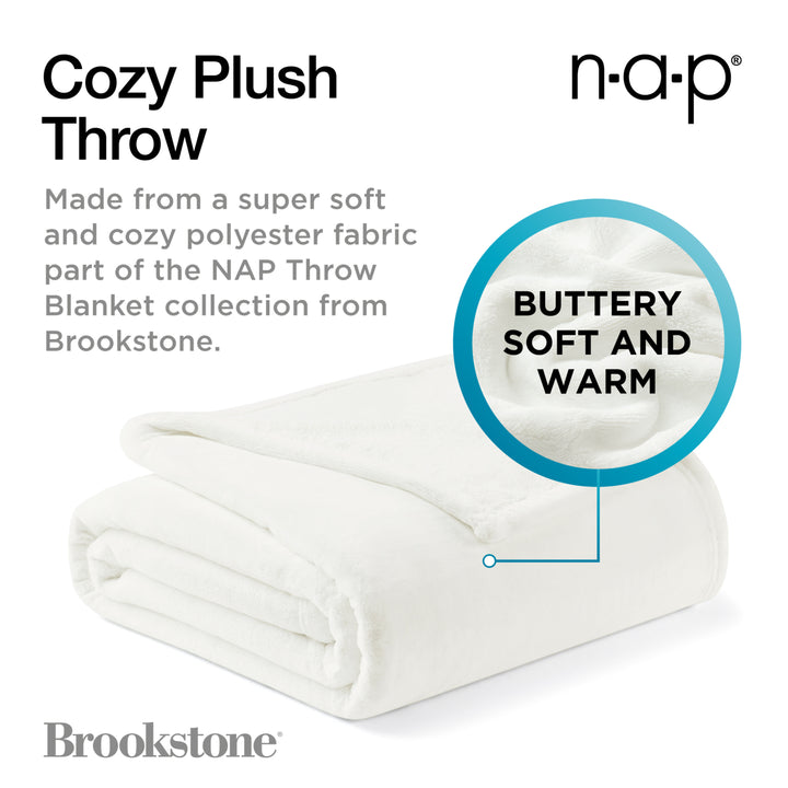 Cozy plush throw blanket with NAP branding and text about softness and warmth.