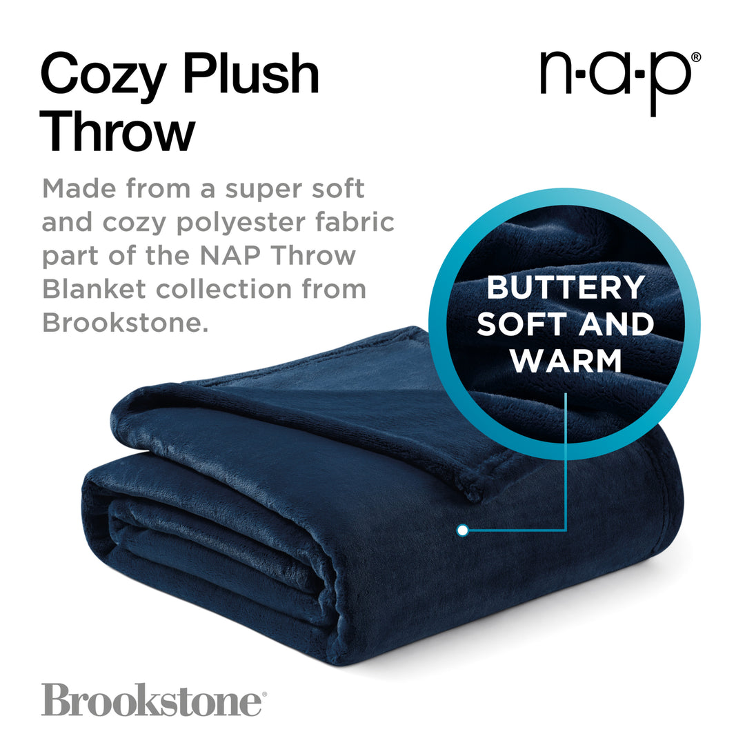 Graphic showing the Brookstone Nap Cozy Plush Navy Throw with a close-up highlighting its buttery soft and warm plush texture.