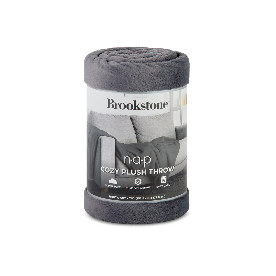 Silver Brookstone Nap Cozy Plush Throw blanket rolled in its retail packaging.
