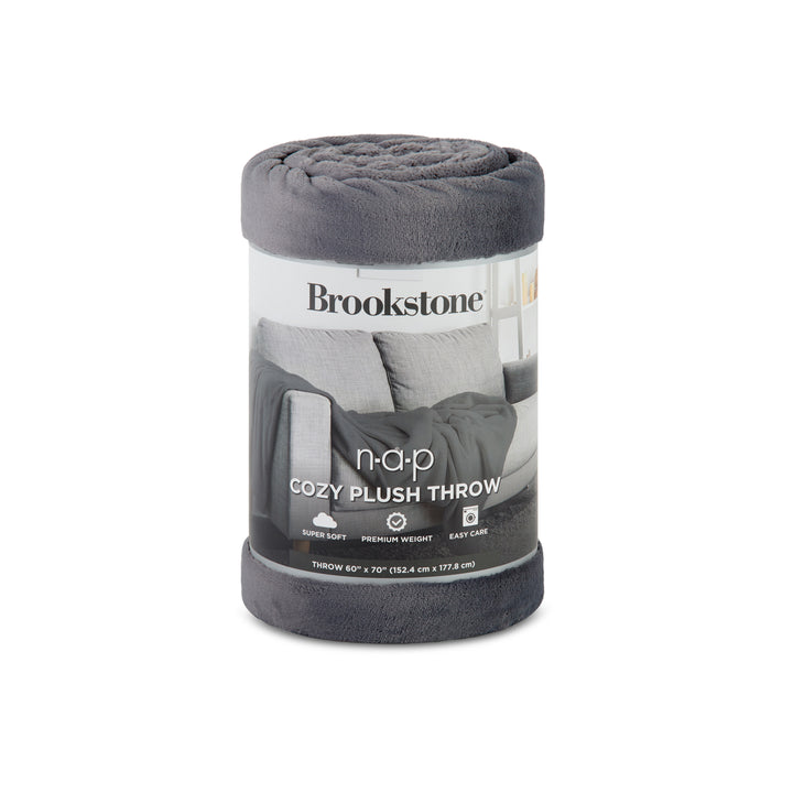 Silver Brookstone Nap Cozy Plush Throw blanket rolled in its retail packaging.