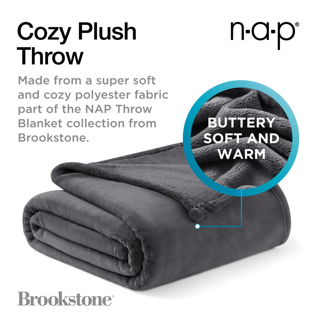 Graphic showing the Brookstone Nap Cozy Plush Silver Throw with a close-up highlighting its buttery soft and warm plush texture.