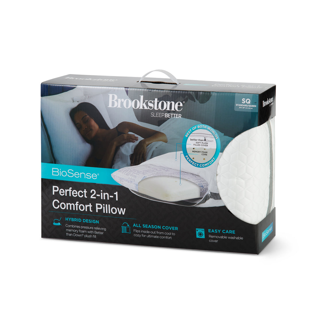 Brookstone BioSense Perfect 2-in-1 Comfort Pillow packaging on a white background