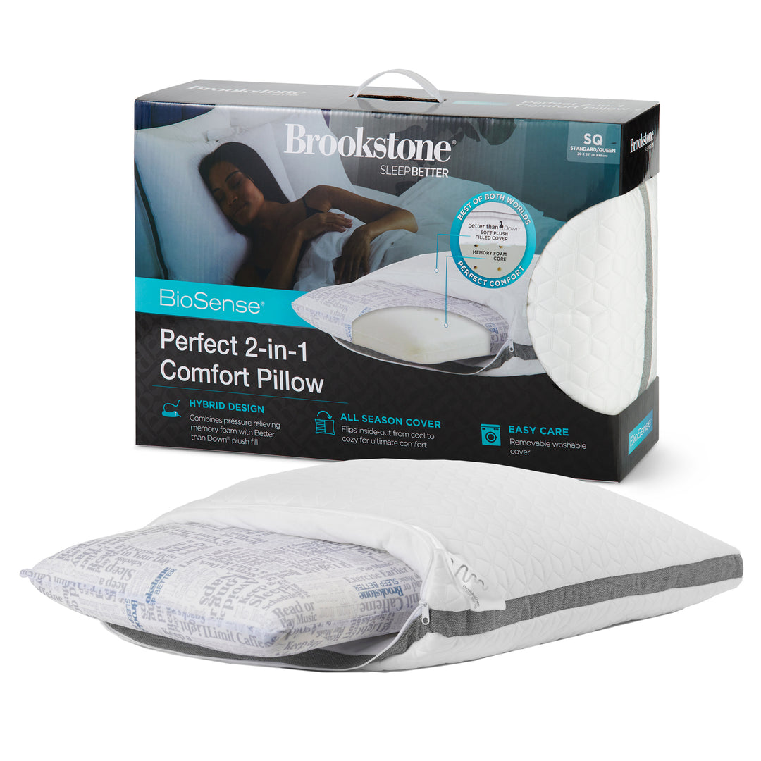 Brookstone BioSense Perfect 2-in-1 Comfort Pillow packaging with pillow in front